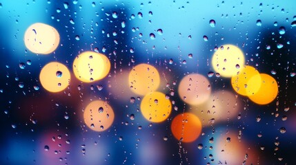 Wall Mural - Raindrops on a window creating a blurred view of city light during a rainy evening