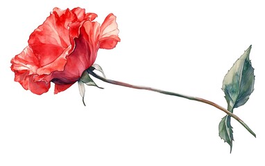 Poster - Watercolor red rose with stem isolated on white background. Valentine's Day card