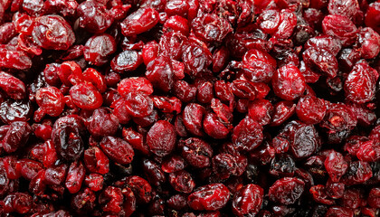 Fototapete - Repeating pattern of dried cranberries, highlighting their chewy texture and deep red color. Ideal for healthy snacks, baking, or festive themes. Texture, background.