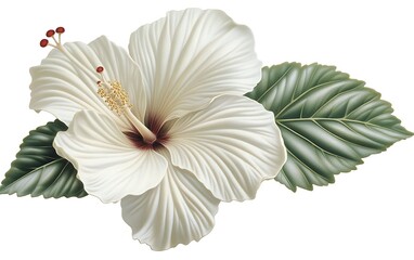 Poster - Isolated white hibiscus blossom with green leaves for floral design, invitations, or postcards