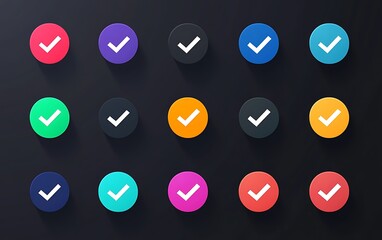 Colorful checkmark icons on dark background. Possible use UI design element