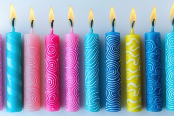 Poster - Close-up of colorful birthday candles with unique swirling patterns, all lit with bright flames, creating a festive and celebratory atmosphere on a clean background.