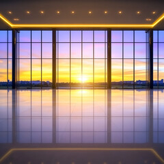 Poster - Modern Interior Lobby with Sunset View Through Large Windows Enhancing Luxury and Space Impression