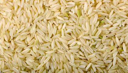 Fototapete - Repeating pattern of uncooked rice grains, highlighting their small, elongated shape and white or brown color. Ideal for Asian cuisine, cooking, or minimalist concepts. Texture, background.