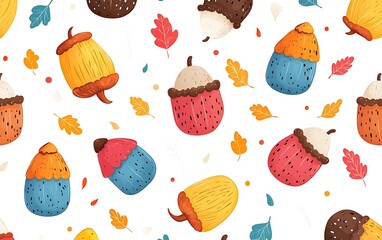 Poster - Colorful acorn pattern background with leaves. Possible use Children's book illustration, wallpaper, fabric design