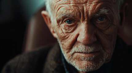 Intense, aged face with weathered features and piercing blue eyes conveys wisdom, experience, and the weight of years gone by.