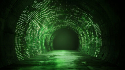 Poster - Mysterious Green Tunnel with Intricate Light Patterns in a Cyberpunk Setting