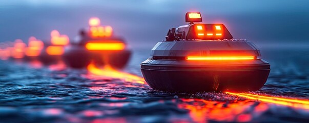 Poster - Plastic pollution idea. Futuristic boats navigating on dark water illuminated by vibrant lights.