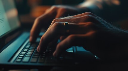 Poster - Close-up of Hands Typing on Laptop Keyboard at Night