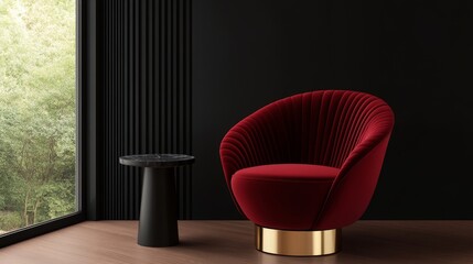 Wall Mural - Elegant red chair with gold base in modern interior, featuring natural light and greenery outside