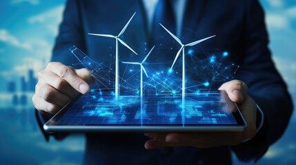 Poster - Green Energy Innovation, A digital visualization of wind turbines on a tablet