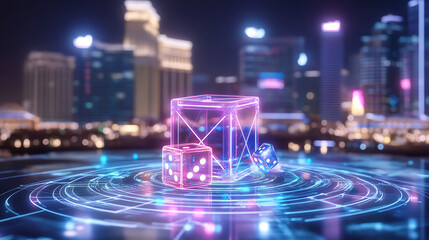 Poster - neon dice and transparent cube on a tech platform with a night cityscape backdrop
