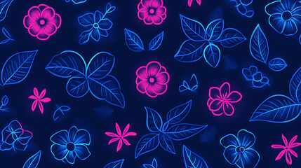 Poster - Neon Floral Array a Modern Artistic Pattern with Pink and Blue Botanical Accents for Graphic Design