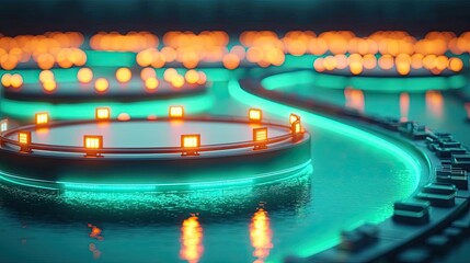Poster - Plastic pollution idea. Abstract close-up of glowing circular structures in a futuristic environment.