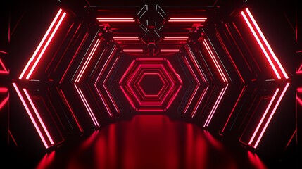 Poster - Neon Hexagon Tunnel Red Light Futuristic Design Structure Perspective Technology Illusion Visual Space
