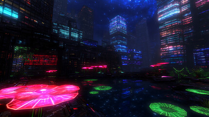 Poster - Neon Illuminated Future Cityscape with Bioluminescent Flora Reflecting in Water