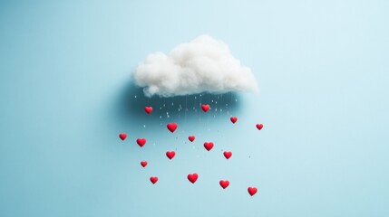 Poster - Minimalist design of a single cloud with heart raindrops, red hearts scattered across a pale blue canvas. Clean composition