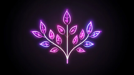 Poster - Neon Leaves Glowing on Black Background Decorative Botanical Design with Creative Illumination Effect
