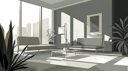 Aufkleber - Bright living room interior with sun rays illuminating furniture and plants. Home concept use