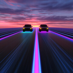 Poster - Neon Road Trip Two Cars Driving at Sunset with Futuristic Glowing Lights and Radiant Skies