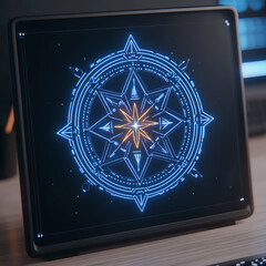 Poster - Neon Star Compass Design on Electronic Tablet Display Modern Digital Graphic Interface Illustration