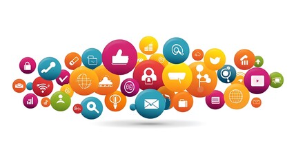 Poster - Social network symbols on colorful spheres, communication concept, marketing