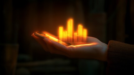 Poster - Person displays a city skyline hologram on their phone. Possible technology-related use