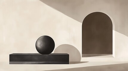 Poster - Minimalist display Sphere on block, arched window, sunlit wall, neutral tones, simple. Mockup
