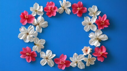 Canvas Print - Pink and white blossoms arranged in a circular pattern on a bright blue background.