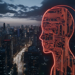 Poster - Neural Network Cityscape at Dusk Artificial Intelligence Technology Conceptual Visualization