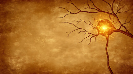 Poster - Neuron Tree Branch Connecting Nerve Cells with Sparking Light Energy on Sepia Brown Grunge Texture