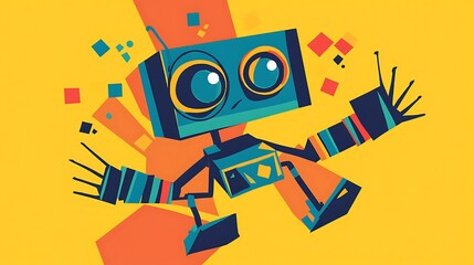 Poster - Happy robot cartoon illustration dancing, with colorful squares in background for children's book cover