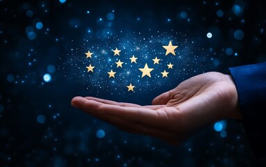 Wall Mural - Hand presenting a star collection against bokeh for business achievement, recognition, and motivation
