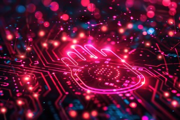 Fototapete - Futuristic biometric security system with glowing red digital handprint on a cybernetic circuit, representing advanced access control, authentication, and artificial intelligence security.