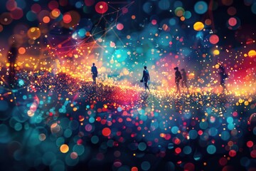 Poster - silhouettes of people walking through an abstract digital landscape filled with glowing particles an