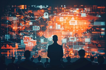 Poster - Business conference with AI-powered data visualization on large holographic, silhouetted speaker presents futuristic analytics, cybersecurity trends, digital transformation insights engaged audience.