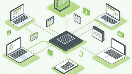 Fototapete - Network concept for business collaboration. Connected laptop computers and server. Use for IT solution