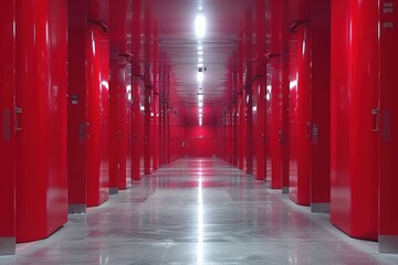 Poster - Long corridor in a high-security storage facility with glossy red lockers and bright overhead lighting. The modern, sleek design suggests an industrial or commercial storage solution.