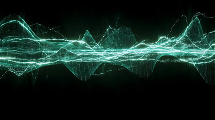 Poster - Oscillating Turquoise Waveform Abstract Data Visualization With Bright Splintered Fragments Display