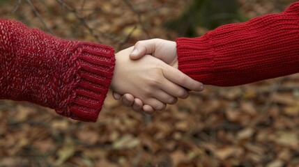 Two individuals wearing red knitted sweaters shaking hands in an autumn setting. Representation friendship, trust, and warm human connection. Cozy clothing and natural background enhance seasonal.