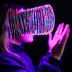 Poster - Person in Illuminated Mask with Raised Hand Under Purple Lighting in Darkness Mysterious Theme