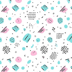 Poster - Playful Abstract Composition with Polka Dots Squares and Lines Seamless Pattern Design Element