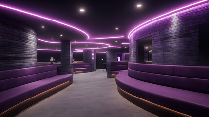 Poster - Purple Seating Area With Brick Walls and Circular Neon Lighting in a Night Club or Lounge Setting