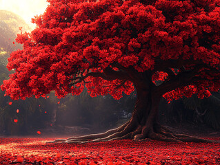 majestic tree with a dense canopy of vibrant red leaves, surrounded by a misty, golden-lit forest. t