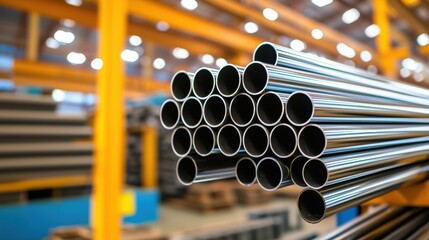 Poster - close-up view of stainless steel pipes stacked in a bright industrial warehouse with modern infrastr