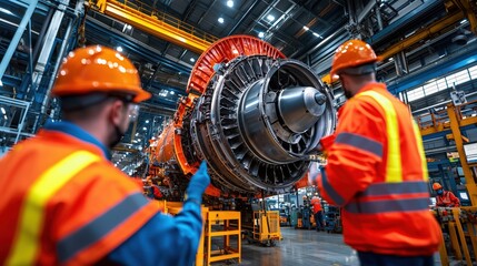 Poster - Industrial workers inspecting a large aircraft jet engine within a modern manufacturing facility equipped with advanced machinery and safety measures