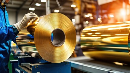 Poster - worker handling shiny gold metal roll inside modern manufacturing facility with industrial equipment