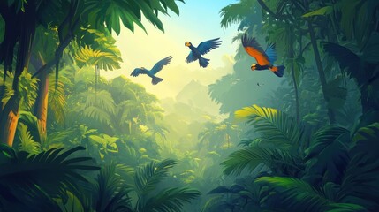 Tropical rainforest, parrots flying, sunlight, lush foliage, jungle landscape