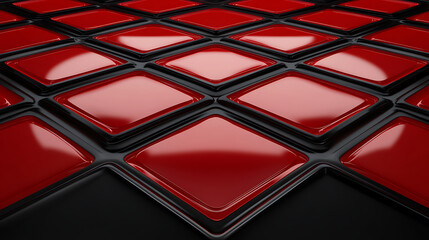 Poster - Red Diamond Tile Grid Pattern High Glossy Surface Abstract 3D Rendered Artistic Visualization
