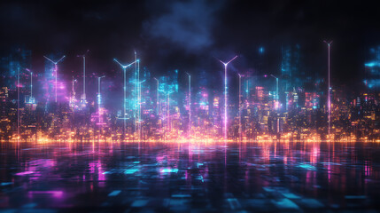 Poster - Reflected Cyberpunk Cityscape at Night Digital Illustration with Fluorescent Lighting Effects